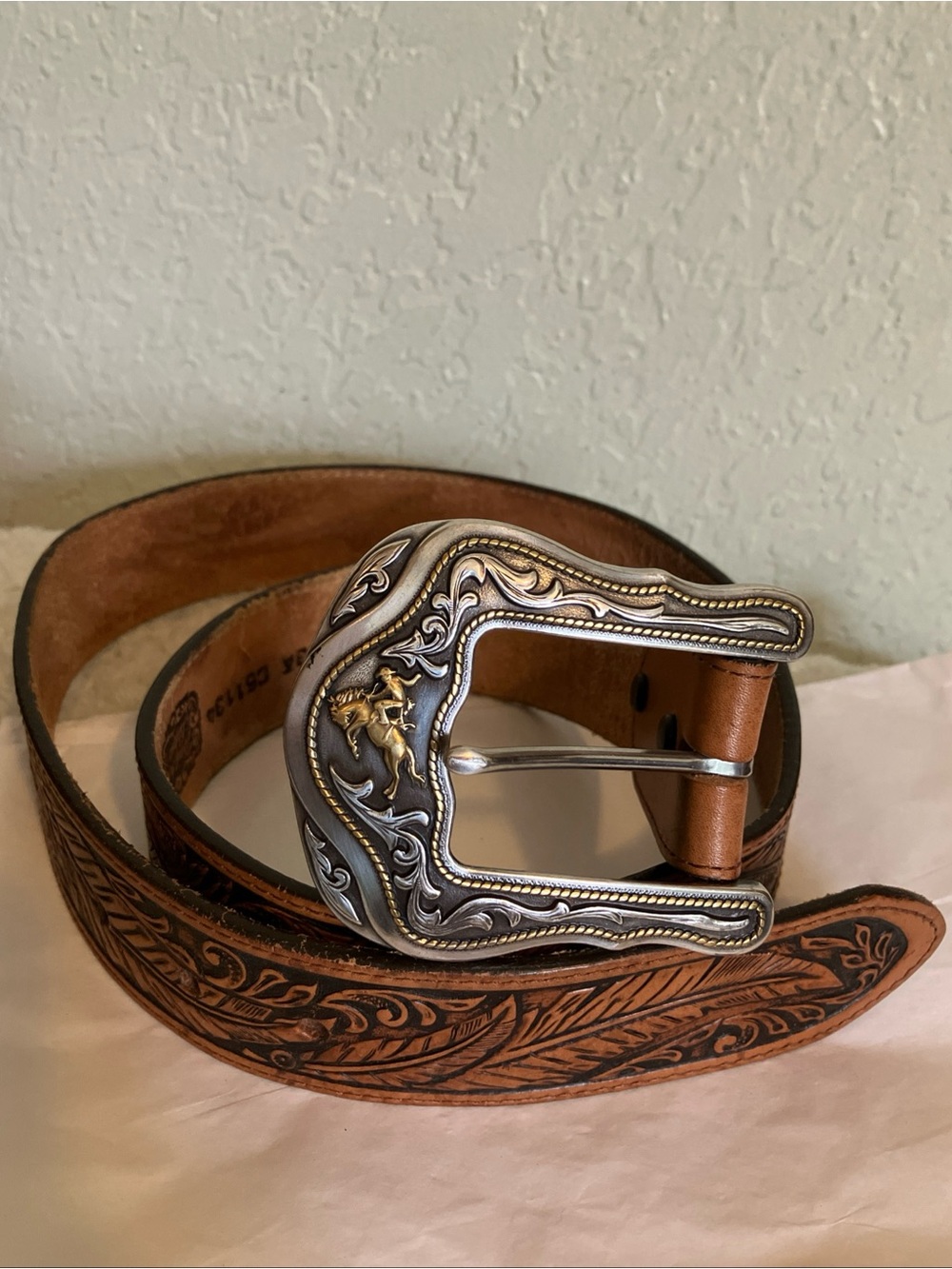 Tony Lama Westerly Ride Tooled Leather Belt  Bronc Rider Buckle C51134 Sz38